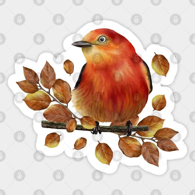 Little red bird with dried leaves. Sticker by Lewzy Design